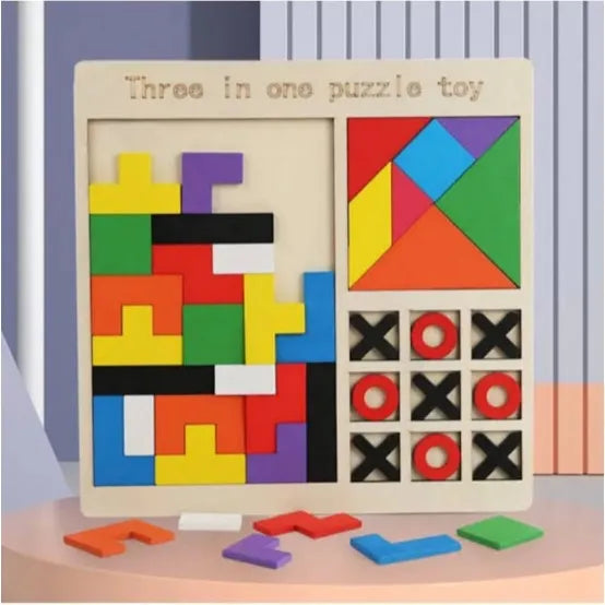 3-in-1 Wooden Puzzle Toy – Tangram, Block Fit & Tic Tac Toe