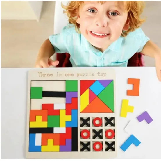 3-in-1 Wooden Puzzle Toy – Tangram, Block Fit & Tic Tac Toe