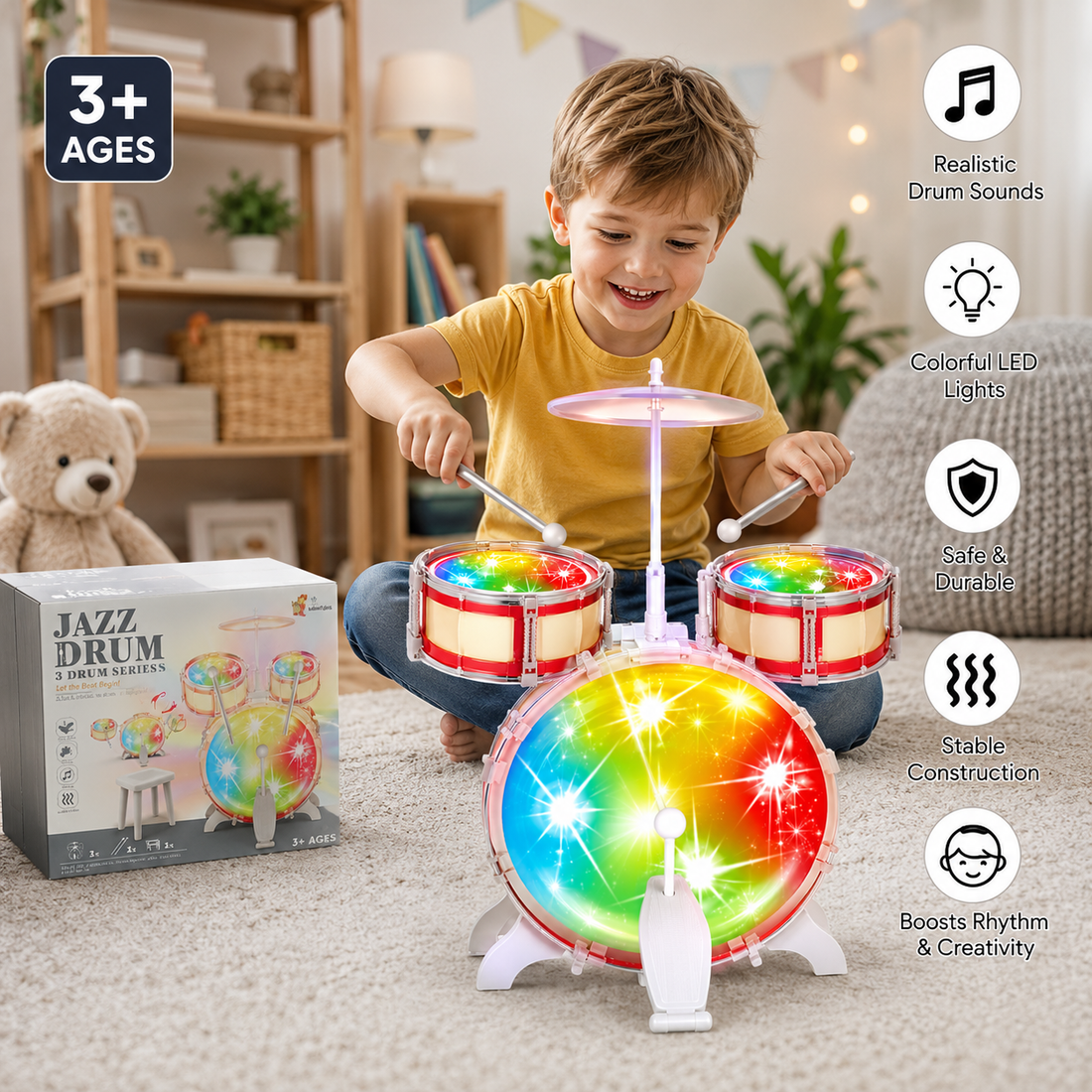Jazz Drum 3-Piece Kids Drum Set with Lights & Sound