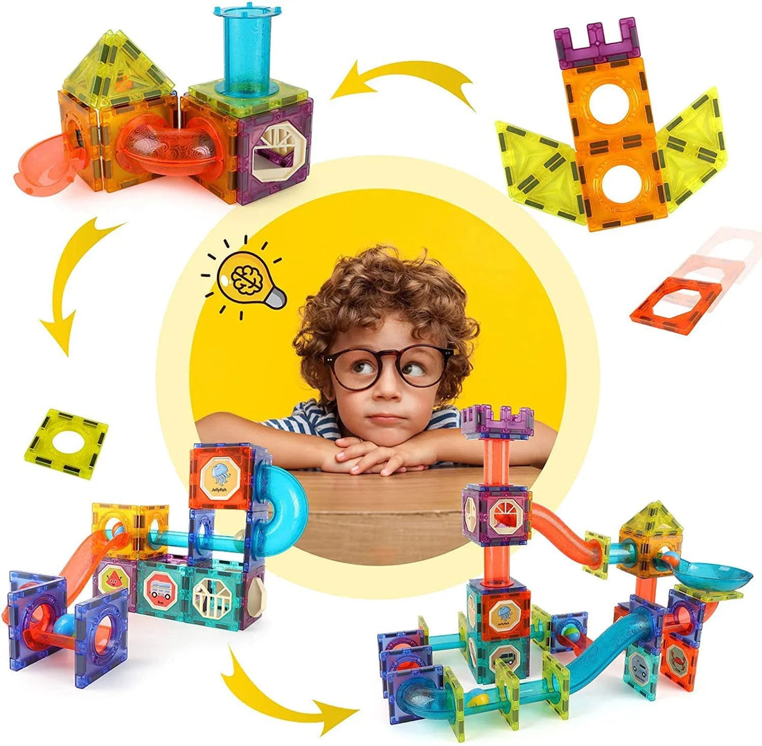 56-Piece Magnetic Building Blocks for Kids – Marble Run STEM Set