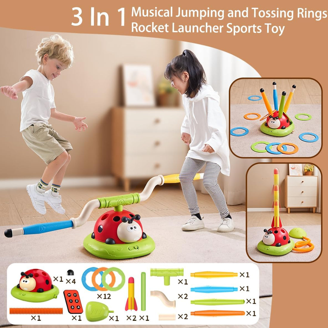 3 in 1 musical jumping ring toss and rocket launcher sports toy set
