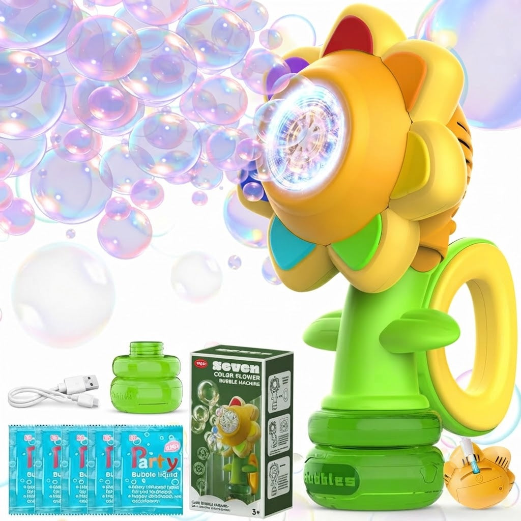 Rechargeable Flower Bubble Machine with LED Lights