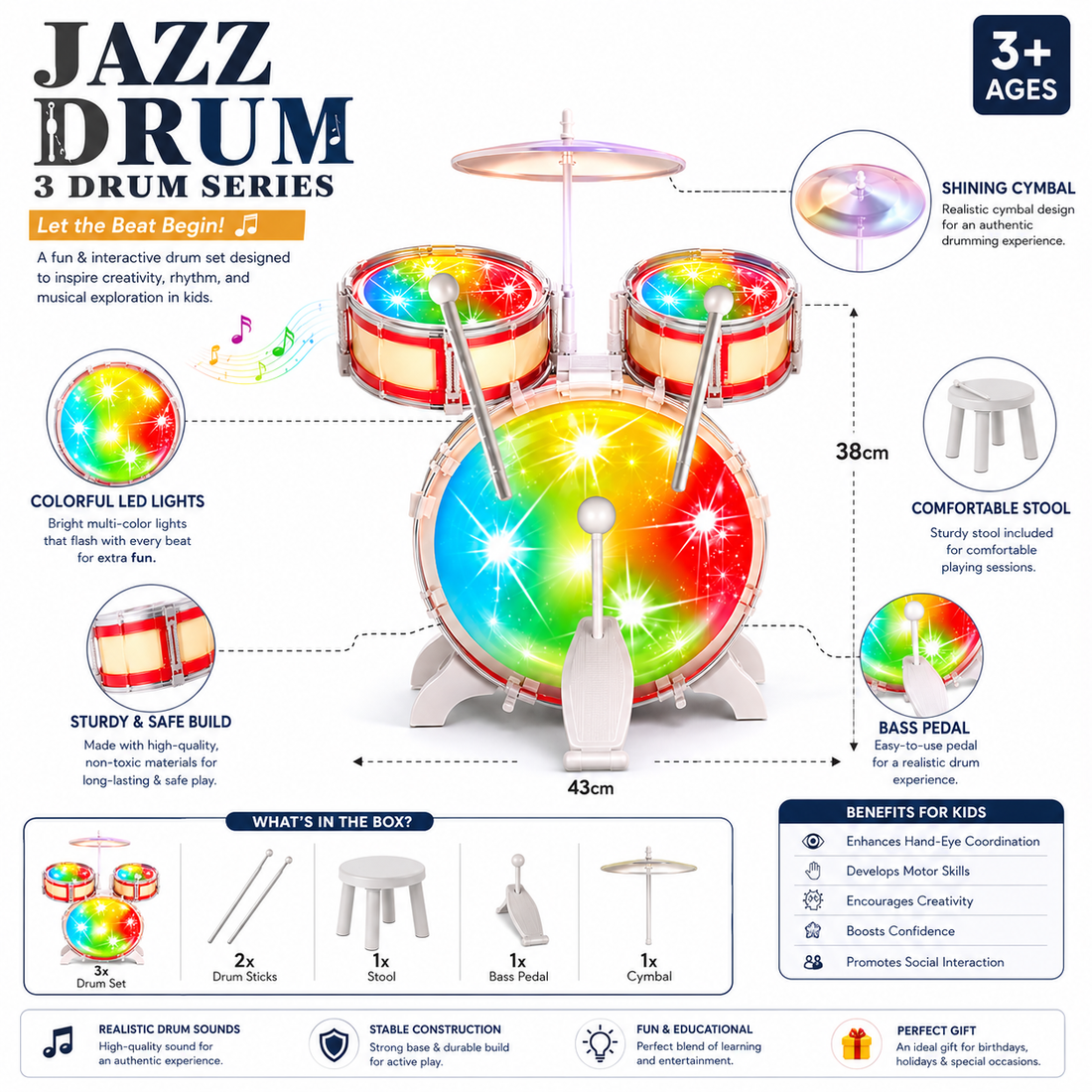 Jazz Drum 3-Piece Kids Drum Set with Lights & Sound