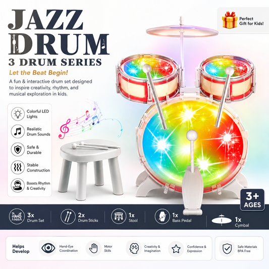 Jazz Drum 3-Piece Kids Drum Set with Lights & Sounds