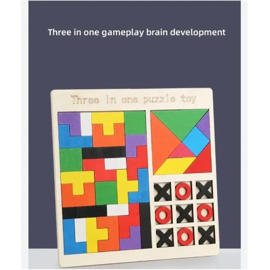 3-in-1 Wooden Puzzle Toy – Tangram, Block Fit & Tic Tac Toe