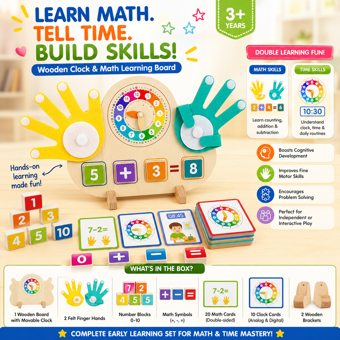 2-in-1 Wooden Clock & Math Learning Board