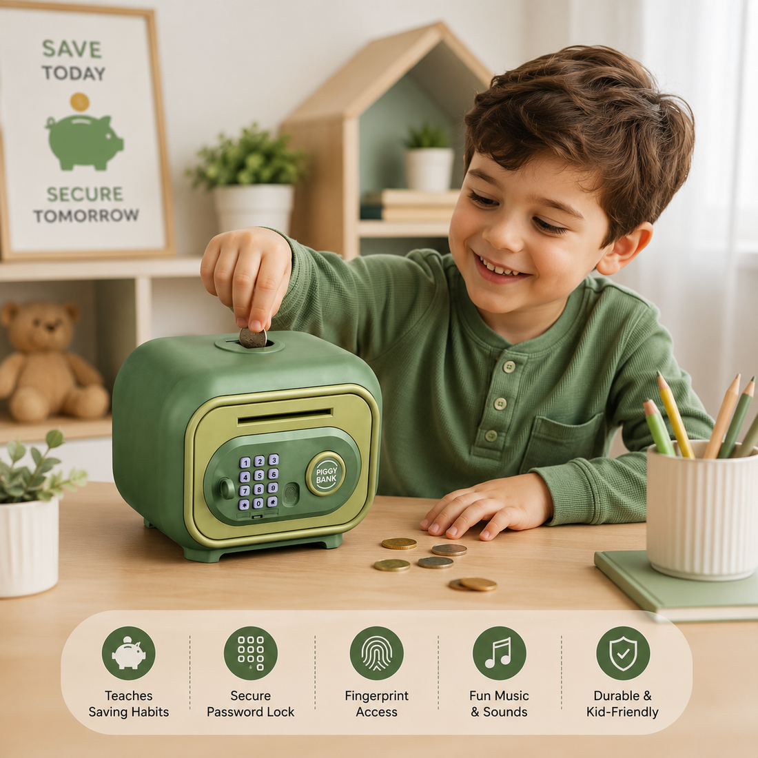 Smart Money Box for Kids with Password & Fingerprint-Style Unlock