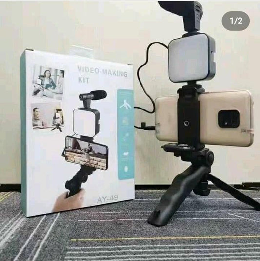 AY-49 video making kit with tripod, LED light, microphone and phone holder