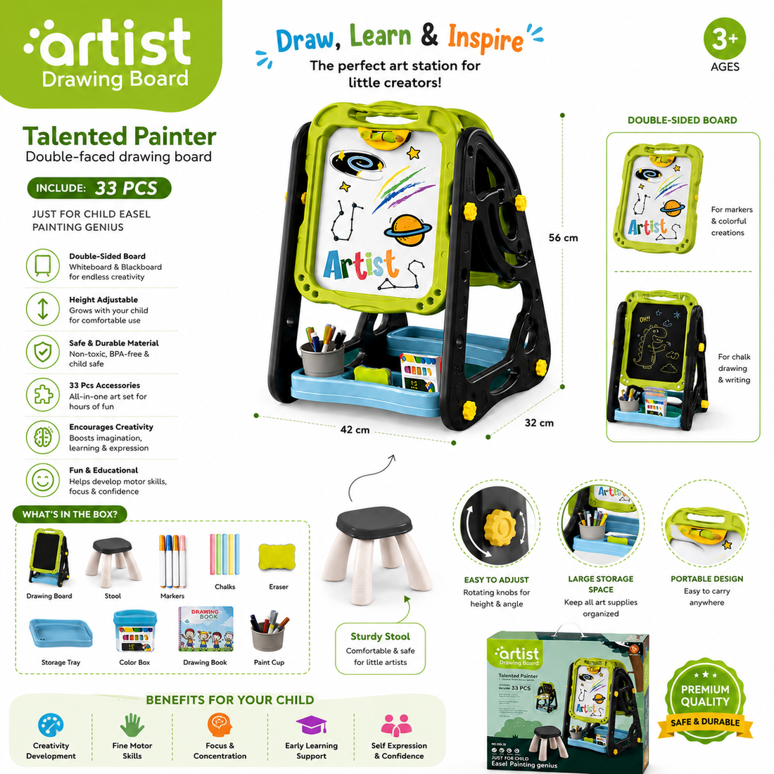 Double-Sided Artist Drawing Easel – 33 Pieces