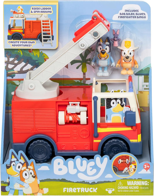 Bluey Firetruck playset with firefighter figures in retail packaging