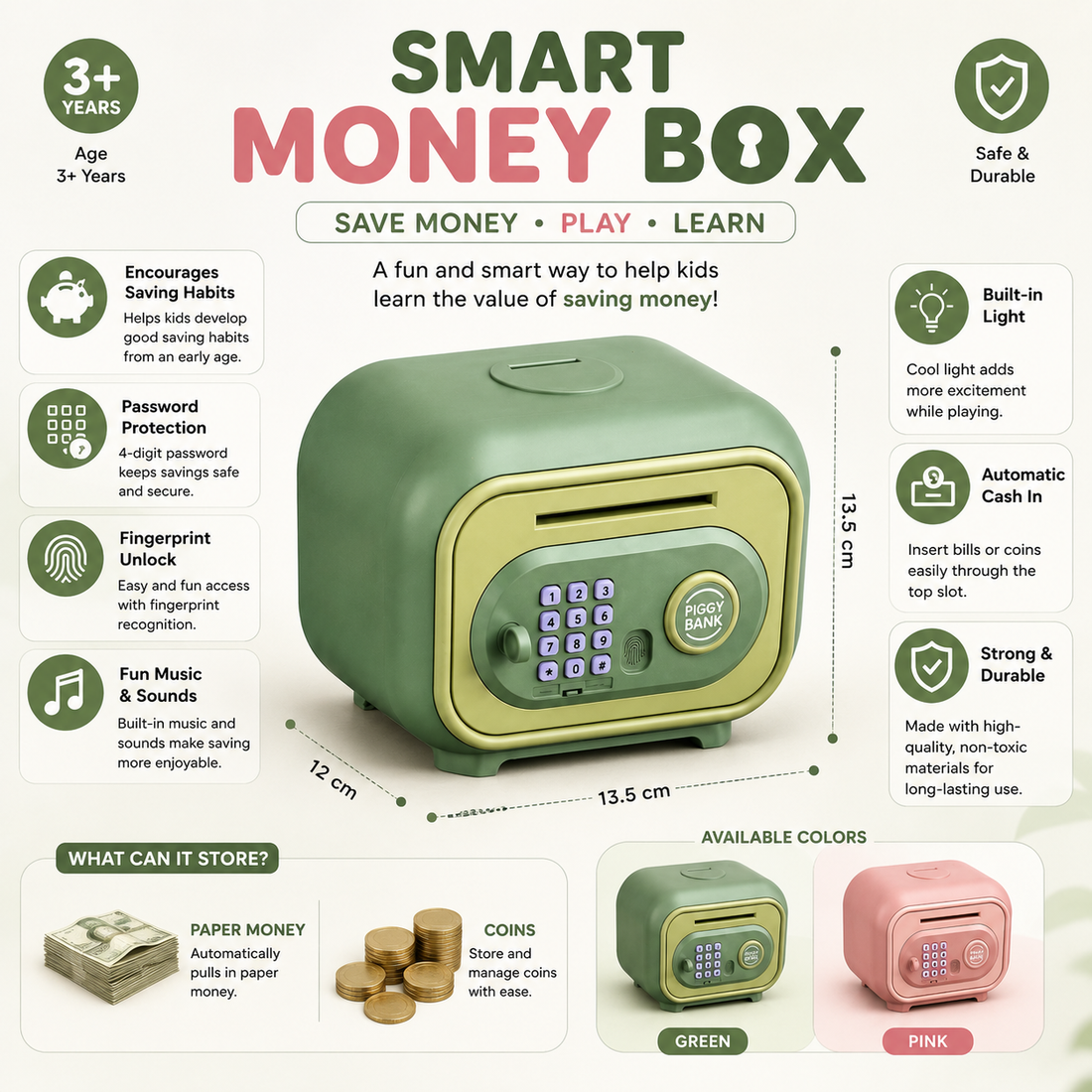 Smart Money Box for Kids with Password & Fingerprint-Style Unlock
