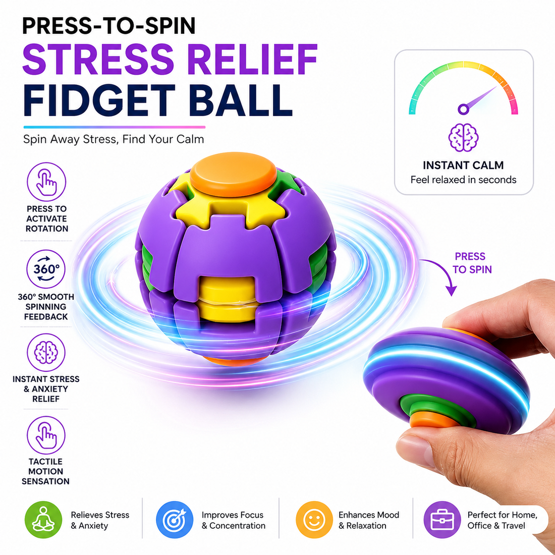 Press-to-Spin Fidget Ball for Kids – Sensory Stress Relief Toy