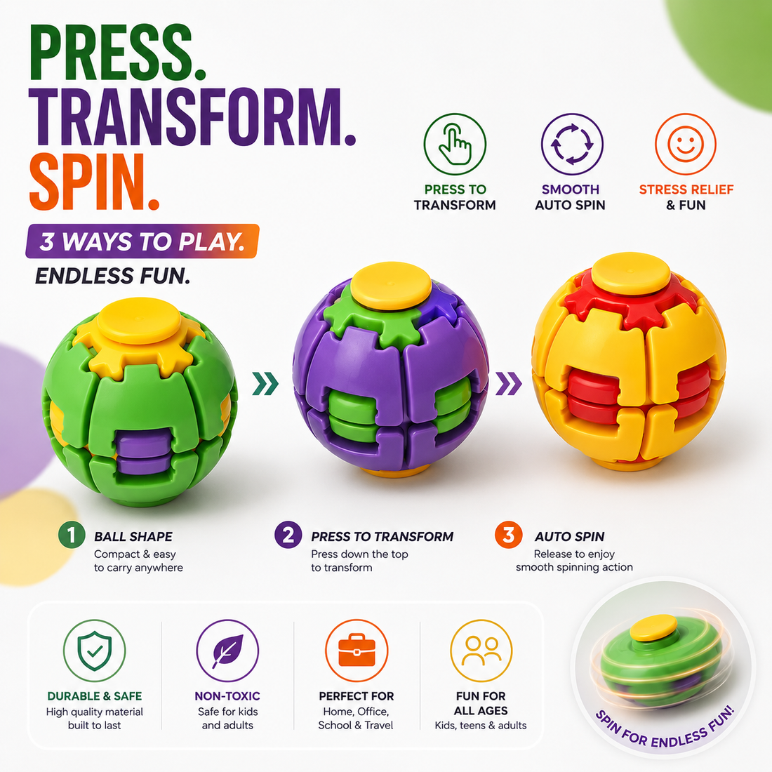 Press-to-Spin Fidget Ball for Kids – Sensory Stress Relief Toy