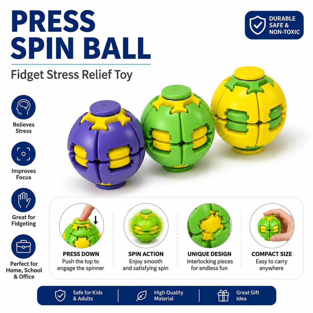 Press-to-Spin Fidget Ball for Kids – Sensory Stress Relief Toy