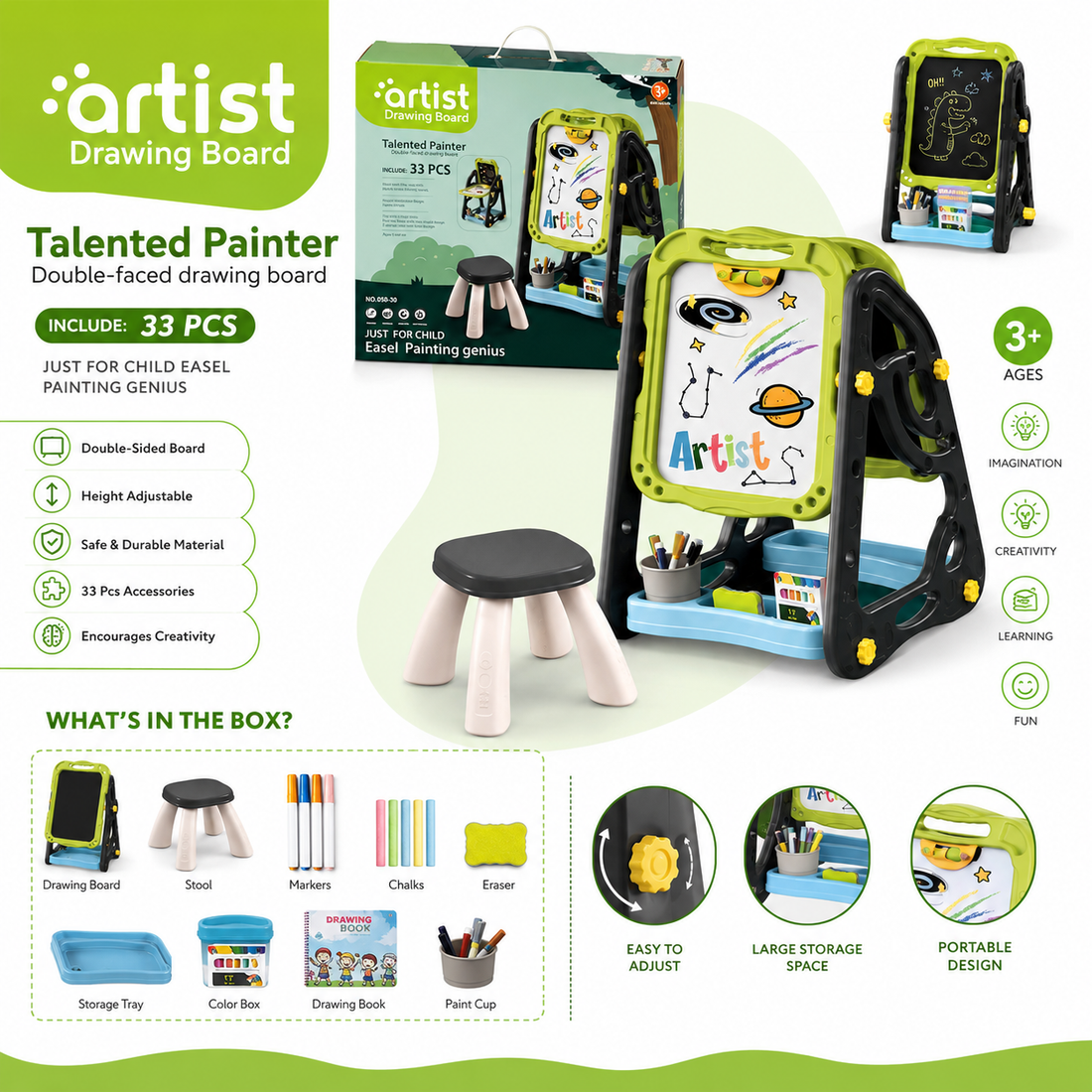 Double-Sided Artist Drawing Easel – 33 Pieces
