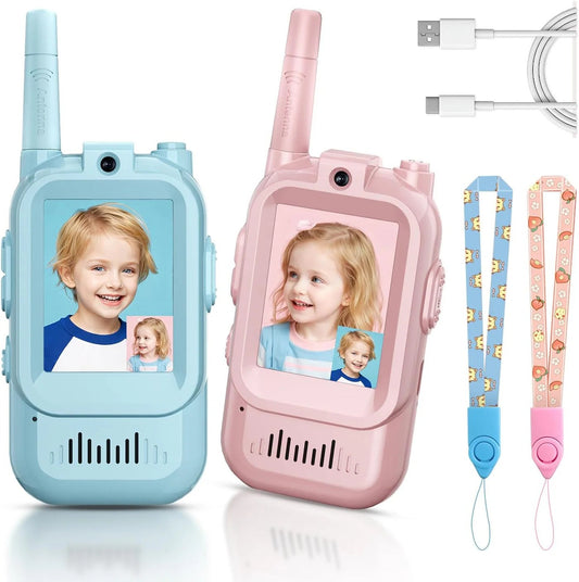 Blue and pink kids video walkie talkie set with charging cable and straps