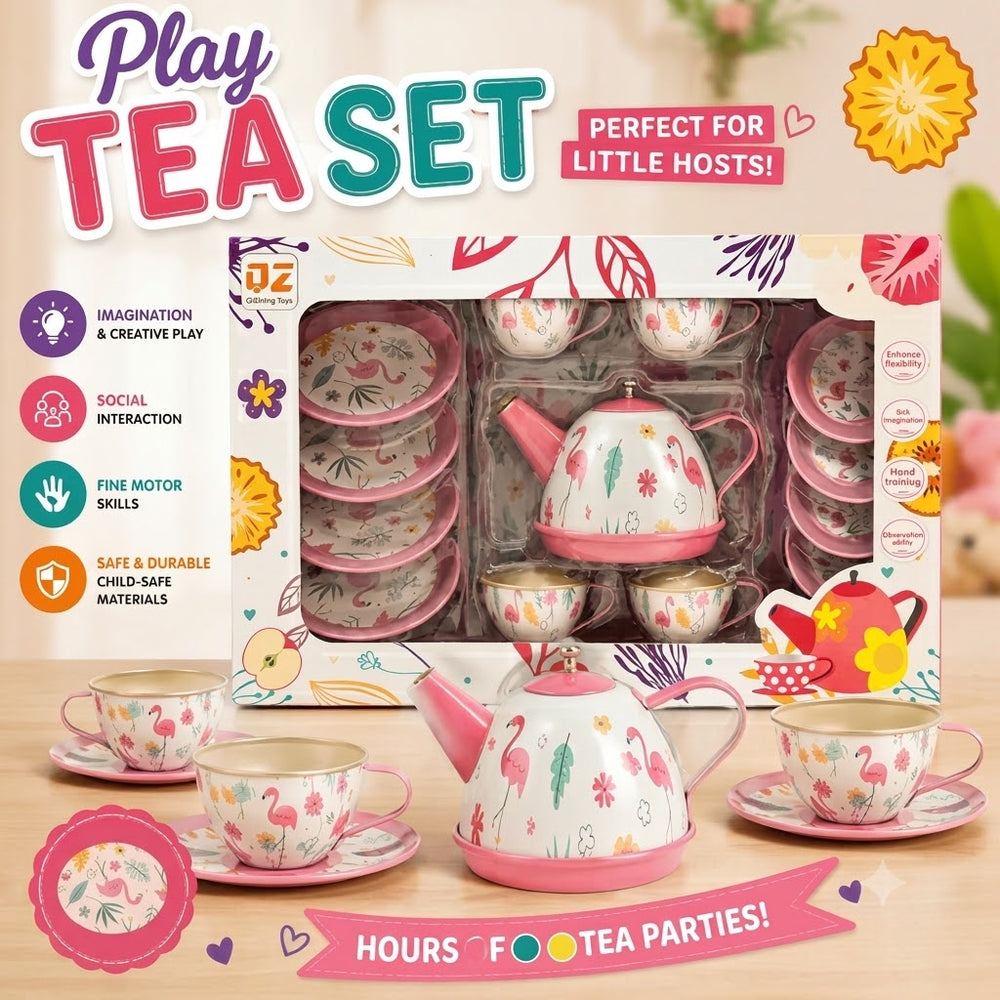 14Pcs Kids Flamingo Metal Tea Set