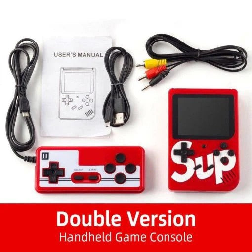 SUP retro handheld game console package with controller, cables and manual
